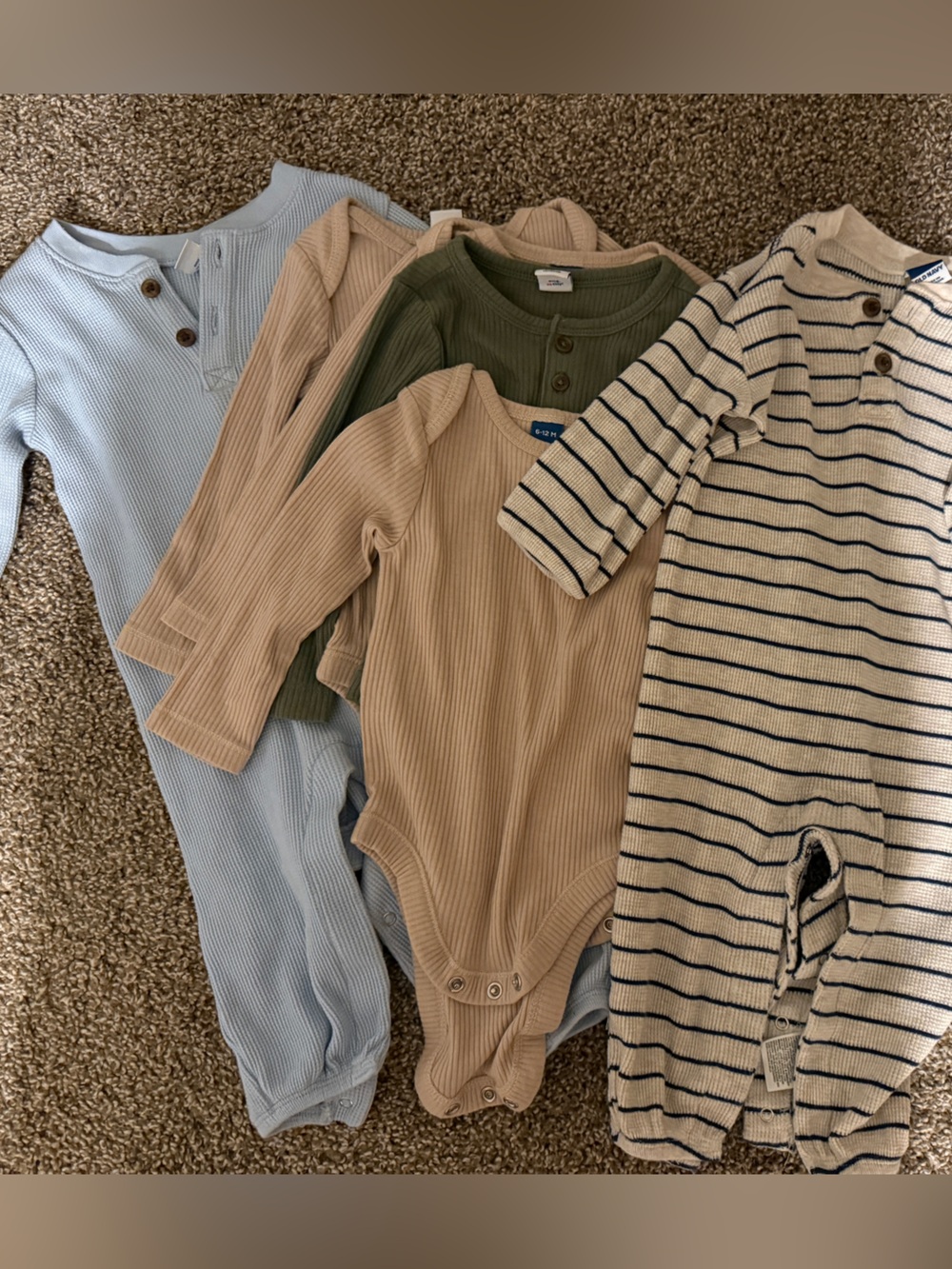 Old Navy Baby Ribbed Romper Bundle in Light Blue, Beige, Olive & Cream Striped